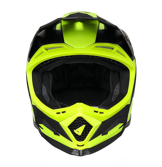 The UFO Echus Helmet in neon yellow and black features angular geometric designs, an alien logo near the back, and "UFO" branding. ECE 22.06 certified, it ensures top-notch safety for off-road adventures with its visor-equipped design.