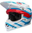 The Bell MOTO-9S FLEX Banshee Gloss White/Red is a safety-focused, full-face motocross helmet adorned with a striking blue, red, and white geometric design. It features a visor, multiple ventilation openings, and the brand name "BELL" in blue on the side. The interior padding is visible around the face opening, making it perfect for off-road racing.