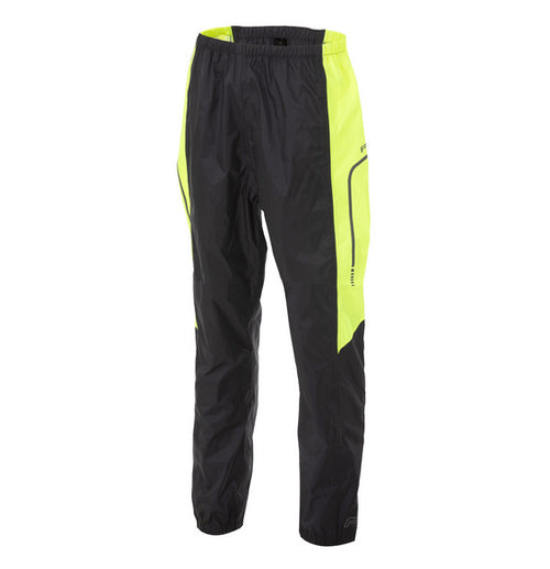 The RJAYS TEMPEST II Pants - Rainwear by Rjays are a pair of black and neon yellow reflective rain pants designed for outdoor activities. These unisex rain pants feature an elastic waistband and a modern design with yellow accents on the sides and back, offering enhanced visibility and waterproof protection.