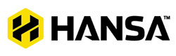 Logo for Hansa featuring a bold, black text "HANSA" to the right of a yellow hexagon with black geometric shapes inside. The hexagon is stylized to resemble the letter 'H'.