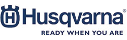 Logo of Husqvarna, featuring a stylized "H" inside a crown-like symbol on the left, followed by the word "Husqvarna" in bold blue letters. Below it is the slogan "READY WHEN YOU ARE" in uppercase blue letters.