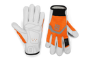 The Husqvarna Functional Gloves Light Comfort are displayed against a black background. The gloves, primarily white with orange accents and reinforced gray patches, feature the Husqvarna "H" logo on the back. One glove is shown palm up and the other palm down, highlighting their suitability as touch screen-friendly gardening gloves.