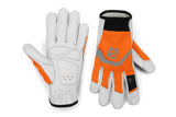 The Husqvarna Functional Gloves Light Comfort are displayed against a black background. The gloves, primarily white with orange accents and reinforced gray patches, feature the Husqvarna "H" logo on the back. One glove is shown palm up and the other palm down, highlighting their suitability as touch screen-friendly gardening gloves.