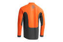 The Husqvarna Hi Vis Work T-Shirt Long Sleeve, featuring an orange and dark gray design, is a warm-weather work shirt with a half-zip front and high collar. "Husqvarna" is printed vertically on the left chest. Made from quick-drying fabric, this durable shirt is ideal for rugged outdoor activities or labor.