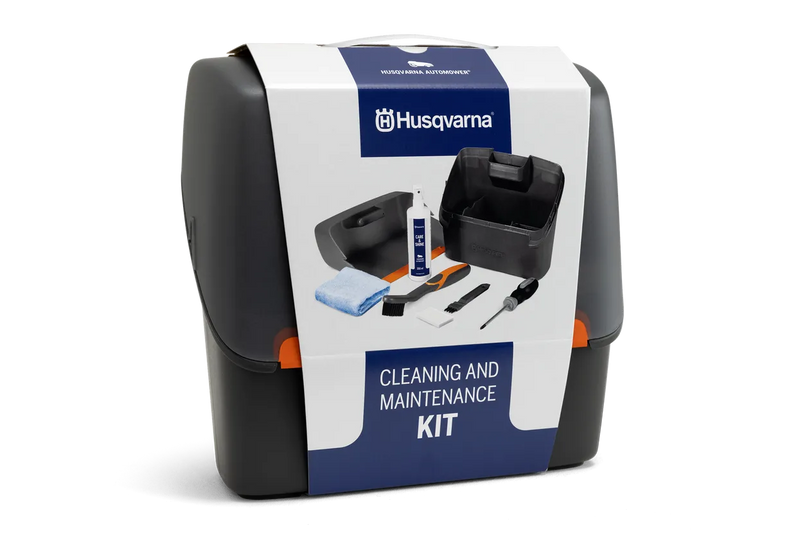 Introducing the Husqvarna Automower Cleaning and Maintenance Kit: This all-inclusive set comes complete with a plastic container, grey dustpan, blue cloth, cleaning spray bottle, handheld brush, small white block, scraper tool, and screwdriver. Perfect for maintaining your Husqvarna automower with ease and keeping it in top condition.