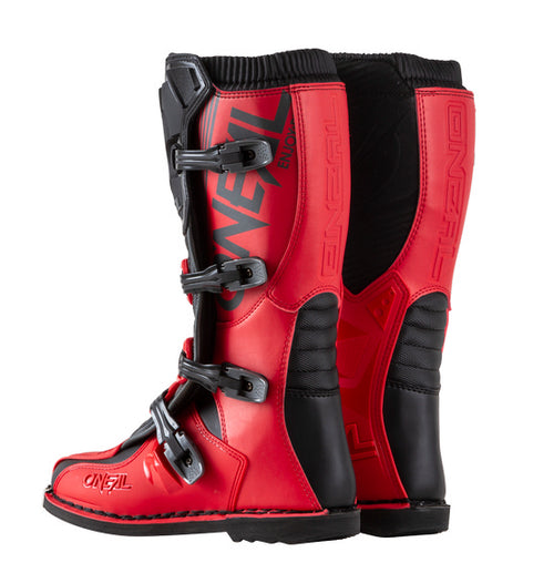 The O'Neal ELEMENT Boot - Red by ONEAL is a red and black motocross boot featuring multiple buckles along the side for secure fastening. The boot prominently displays the "ONEAL" brand on the side and front buckle strap, and includes a Snap-Lock adjustable four buckle closure system, metal toe guard, and durable Goodyear welt sole for added protection.