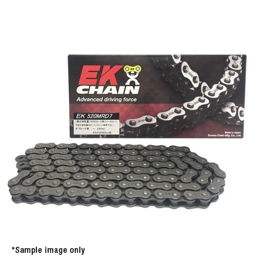 An EK Chains - 520 Pitch motorcycle chain is prominently displayed in front of its packaging, highlighting the EK logo and product details. This non-sealed chain sample image is provided by Enuma Chain Mfg Co., Ltd, a company renowned for manufacturing high-quality motorcycle chains specifically designed for drag racing enthusiasts.