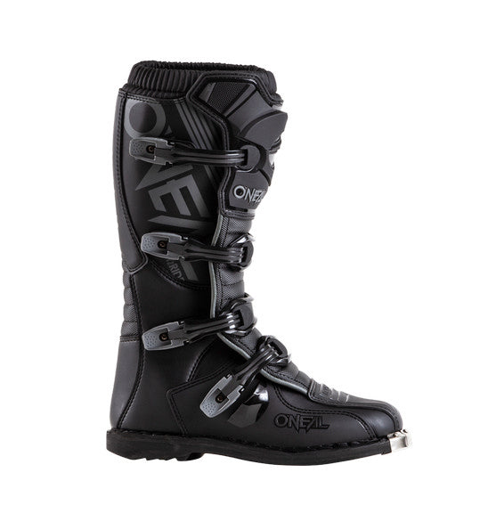 The O'Neal ELEMENT Boot - Black from ONEAL features Snap-Lock adjustable buckle closures, protective panels, and the brand name prominently displayed on the side. The boot includes ribbed detailing on the top, a reinforced toe area, an injection-molded plastic plate for added durability, and a Goodyear welt sole for optimal traction.