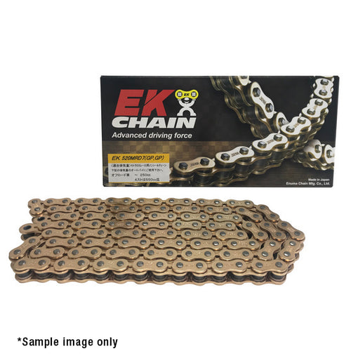An EK Chains - 520 Pitch motorcycle chain is prominently displayed in front of its packaging, highlighting the EK logo and product details. This non-sealed chain sample image is provided by Enuma Chain Mfg Co., Ltd, a company renowned for manufacturing high-quality motorcycle chains specifically designed for drag racing enthusiasts.