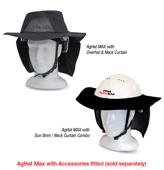 Two mannequin heads show FFM AGHAT MAX - ATV Helmet accessories: one with a wide overhat and neck curtain, the other with a sun brim, neck curtain combo, and Construction Helmet. Accessories sold separately.
