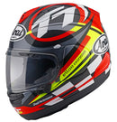 The Arai RX-7V EVO - IOM TT 2023 Limited Edition motorcycle helmet features vibrant graphics in red, black, white, and neon yellow. This colorful design includes the Arai logo, an "Isle of Man" label, and a stylized flag design. The helmet comes with a clear visor, meets ECE R22-06 standards, and boasts an aerodynamic shape perfect for the Arai Isle of Man TT.