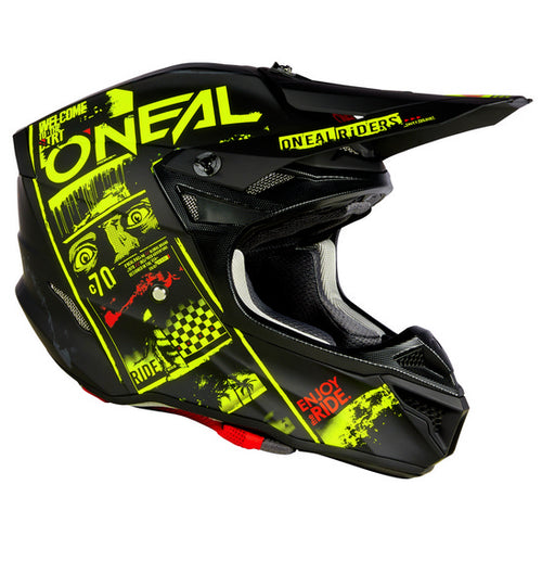 A top view of the O'Neal 5SRS ATTACK Helmet - Black/Neon showcases its striking graphic designs in neon yellow and white. The ABS shell construction ensures durability, with the ONEAL logo prominently displayed on the sides and top. Various branding and text, including a bold skull graphic, are imprinted around its surface.
