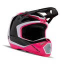 The FOX YOUTH V1 NITRO HELMET (BLK/PINK) is a full-face youth moto helmet in black, white, and bright pink with visor, mesh-vented chin guard, ECE 22.06 certification, and the FOX logo on the side and chin area.