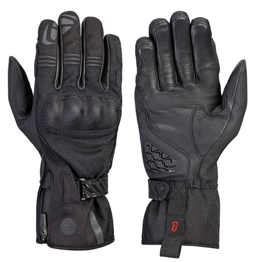 A pair of black Ixon MS LOKI gloves, shown front and back. These adventure/touring gloves feature protective padding on the knuckles, a reinforced palm with hexagonal grip design, and adjustable wrist straps for a secure fit. Text and logo details are visible on the wrist area.