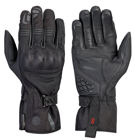A pair of black Ixon MS LOKI gloves, shown front and back. These adventure/touring gloves feature protective padding on the knuckles, a reinforced palm with hexagonal grip design, and adjustable wrist straps for a secure fit. Text and logo details are visible on the wrist area.