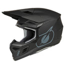 The O'Neal 2025 Youth 3SRS SOLID Helmet in black features a stylish design with silver accents, a large adjustable visor, and robust Polycarbonate/ABS shell. This ONEAL helmet includes a ventilation system for comfort and displays the brand logo on the side, offering both safety and style for off-road biking.