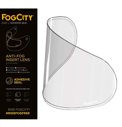 Image showing a product package for the ARAI Fog City Anti-Fog Insert - Universal, perfect for motorcycle helmet face shields. The package displays an illustration and description of the insert, designed to prevent fogging. The actual clear, curved insert lens is also shown adjacent to the packaging, showcasing its adhesive seal.