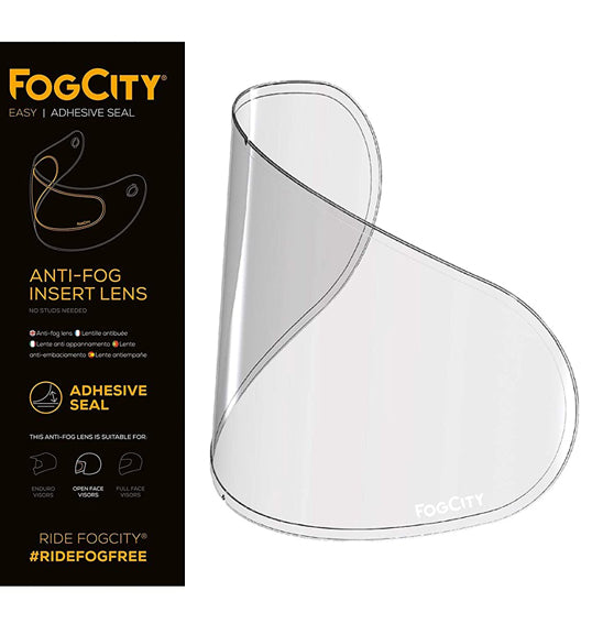 Image showing a product package for the ARAI Fog City Anti-Fog Insert - Universal, perfect for motorcycle helmet face shields. The package displays an illustration and description of the insert, designed to prevent fogging. The actual clear, curved insert lens is also shown adjacent to the packaging, showcasing its adhesive seal.