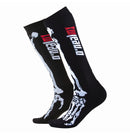 The O'Neal Youth PRO MX X-Ray Sock - Black/White from ONEAL is a pair of black knee-high socks featuring a white skeleton bone design extending from the toes to the top. These moisture-wicking socks also have red and white text printed near the top.