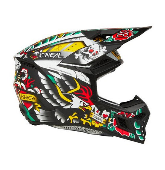 The O'Neal 2025 3SRS INKED Helmet - Multi by ONEAL boasts a vibrant design with tattoo-inspired art, including roses, skulls, and striking patterns in red, green, and yellow. Constructed from a durable polycarbonate/ABS shell, it features ventilation for added comfort. The logos and branding enhance its bold appearance.