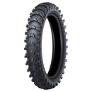 The Dunlop MX14 90/100-16, a robust off-road motorcycle tire, features deep, pronounced treads specifically engineered for exceptional traction and braking performance on rugged terrains. The sleek black Dunlop tire appears brand new as it stands upright against a plain white background.