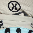 FOX 180 HELLO FUTURE PANTS by FOX feature black fabric with white, blue, and pink accents, bold logos, graphic designs on the thighs and waistband, plus reinforced knees. These motocross pants are shown on a white background.