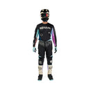 The FOX 180 HELLO FUTURE JERSEY by FOX is a long-sleeve motocross top with blue, black, and purple abstract patterns, white "HELLO future." graphics on front and sleeves, and made from moisture-wicking fabric for comfort.
