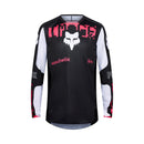 The FOX 180 DIGI IMAGE JERSEY is a black and white long-sleeve motocross jersey with red accents, a bold white FOX head logo, vented mesh panels for comfort, and “WORLDWIDE” and “1974” on the front and sleeves.