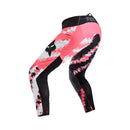 The FOX 180 DIGI IMAGE PANTS feature a pink, black, and white geometric camo design, black knee panels, and a FOX logo on the thigh—built for dirt bike riders seeking comfort and mobility in the Rider Attack Position. Displayed on a white background.