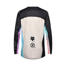 The FOX 180 HELLO FUTURE JERSEY by FOX is a long-sleeve motocross top with blue, black, and purple abstract patterns, white "HELLO future." graphics on front and sleeves, and made from moisture-wicking fabric for comfort.