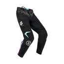 FOX 180 HELLO FUTURE PANTS by FOX feature black fabric with white, blue, and pink accents, bold logos, graphic designs on the thighs and waistband, plus reinforced knees. These motocross pants are shown on a white background.