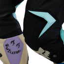 FOX 180 HELLO FUTURE PANTS by FOX feature black fabric with white, blue, and pink accents, bold logos, graphic designs on the thighs and waistband, plus reinforced knees. These motocross pants are shown on a white background.