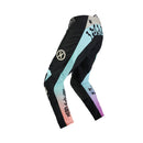 FOX 180 HELLO FUTURE PANTS by FOX feature black fabric with white, blue, and pink accents, bold logos, graphic designs on the thighs and waistband, plus reinforced knees. These motocross pants are shown on a white background.