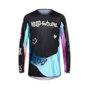The FOX 180 HELLO FUTURE JERSEY by FOX is a long-sleeve motocross top with blue, black, and purple abstract patterns, white "HELLO future." graphics on front and sleeves, and made from moisture-wicking fabric for comfort.