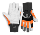 The Husqvarna Functional Gloves with saw protection, by Husqvarna, combine gray, white, black, and orange coloring. The left glove is displayed palm-up while the right glove is displayed palm-down. Both gloves feature a prominent gray logo on the wrist area and have ribbed cuffs for a secure fit.