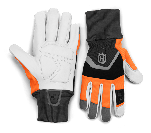 The Husqvarna Functional Gloves with saw protection, by Husqvarna, combine gray, white, black, and orange coloring. The left glove is displayed palm-up while the right glove is displayed palm-down. Both gloves feature a prominent gray logo on the wrist area and have ribbed cuffs for a secure fit.