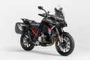 Image showing the Ventura EVO-12 Bike-Pack Kit for Ducati Multistrada V4 S Grand Tour (24 - >), featuring an EVO-12 pack, Evo-Rack used as a top-box rack on the motorcycle, and an L-Bracket with mounting hardware.
