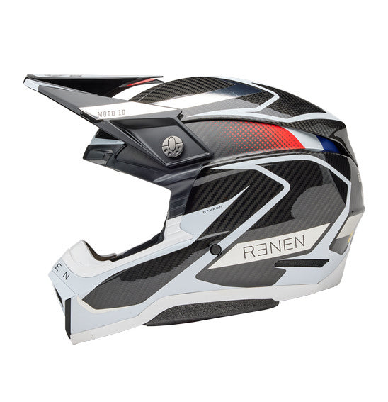 Introducing the Bell MOTO-10 SPHERICAL Renen Raycon Matte/Gloss Black/White Ltd Ed by BELL: a sleek, modern motocross helmet with a carbon fiber aesthetic and aerodynamic design. It features Spherical Technology for enhanced safety and is embellished with a visor, bold red and blue accents, and "RENEN" branding on the side.