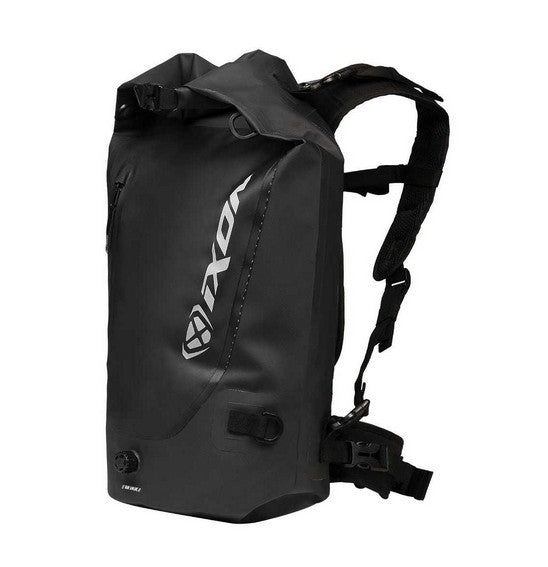 The Ixon A-RIVER 35 Backpack Black from IXON boasts a 35-litre capacity and features padded shoulder straps, adjustable chest and waist straps, and a sleek rectangular design. This waterproof backpack is perfect for outdoor activities or travel, thanks to its water-resistant finish and versatile removable straps.