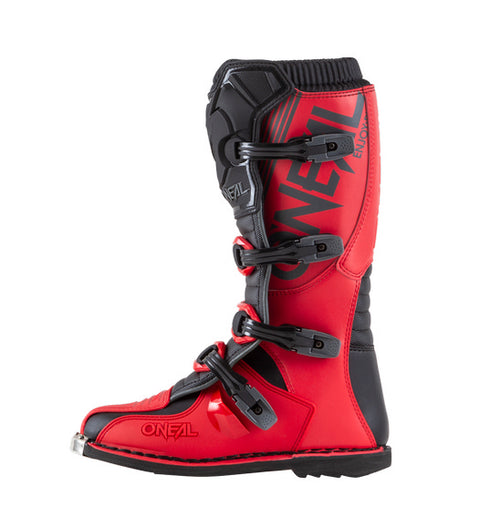 The O'Neal ELEMENT Boot - Red by ONEAL is a red and black motocross boot featuring multiple buckles along the side for secure fastening. The boot prominently displays the "ONEAL" brand on the side and front buckle strap, and includes a Snap-Lock adjustable four buckle closure system, metal toe guard, and durable Goodyear welt sole for added protection.