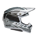 The Bell MOTO-10 SPHERICAL Cortex Gloss Silver/Grey helmet showcases a sleek, modern motocross design with a gray and black swirling pattern. It features angular lines, a visor peak, and incorporates MIPS technology for enhanced safety. The brand name "BELL" is prominently displayed on the side.