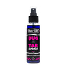 The Muc-Off Bug and Tar Remover by MUC OFF features a black, pink, and white label with bold text detailing its effortless removal of bug splatters, road grime, and tar stains. The spray bottle is equipped with a black cap and a clear top.