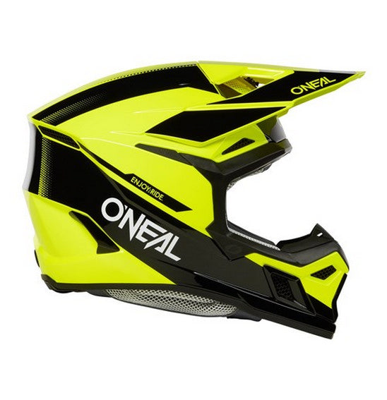 With a top view, the O'Neal 2025 3SRS RACE Helmet in Black/Neon Yellow displays bold geometric patterns and features the ONEAL logo. Its modern design is characterized by angular lines and dots. Constructed with a durable polycarbonate shell for safety, it also includes integrated ventilation to provide optimal airflow for comfortable rides.