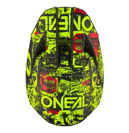 The O'Neal 2025 Youth 3SRS ATTACK Helmet in Black/Neon Yellow, crafted by ONEAL, features a sleek, aerodynamic Polycarbonate/ABS shell adorned with neon yellow graphic designs and logos. Its fully adjustable visor enhances both style and protection, promising the ultimate riding experience.