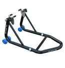 The RJAYS Universal Racestand - FRONT is a black motorcycle stand with adjustable fork widths and blue nylon wheels. It features metal brackets at the top designed to lift and support the rear wheel of a motorcycle. The brand name "RJAYS" is printed on the sides.