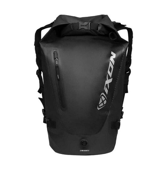 The Ixon A-RIVER 35 Backpack Black from IXON boasts a 35-litre capacity and features padded shoulder straps, adjustable chest and waist straps, and a sleek rectangular design. This waterproof backpack is perfect for outdoor activities or travel, thanks to its water-resistant finish and versatile removable straps.