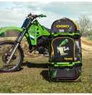 The OGIO RIG 9800 - The Booty Limited Edition is a large black bag with yellow and green accents, bottle and character graphics, gear protection, telescoping handle, multiple compartments, and "The Booty" & "Rig 9800" on the front.