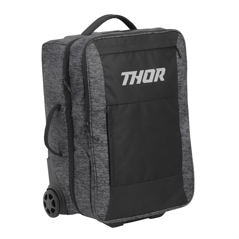 The THOR MX BAG S26 JETWAY WHEELIE BAG in Charcoal Heather is a durable polyester rolling suitcase with two wheels and an extended telescopic handle, shown angled against a white background.