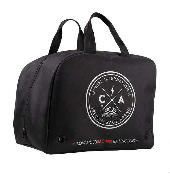 The O'NEAL Helmet Bag is a black duffel bag with two handles, showcasing a circular white ONEAL logo that includes the text "O'NEAL INTERNATIONAL PREMIUM RACE BRAND" along with a lightning bolt and horse in the middle. The bottom features "ADVANCED RACING TECHNOLOGY" in white and red letters, making it perfect for helmet protection.