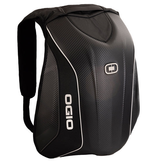 The Ogio MACH 5 D30 Motorcycle Backpack - Stealth is a sleek black backpack featuring a hard shell cover, designed specifically for street riders. It includes two white accent lines running vertically along the edges and prominently displays the OGIO logo in white. For added comfort and protection, the backpack has padded shoulder straps and advanced back support.